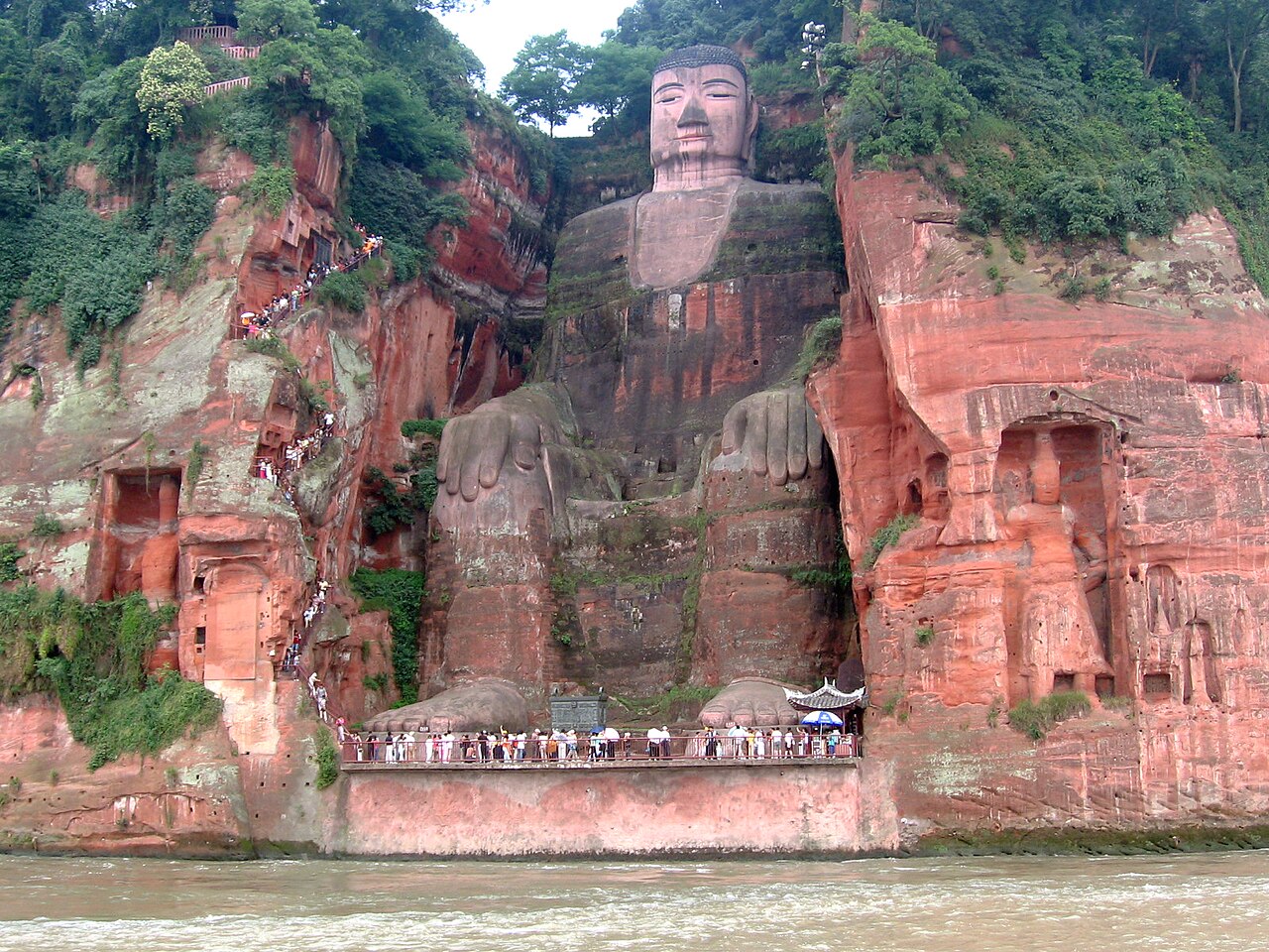 71-meter tall Leshan Giant Buddha carved into red sandstone cliffs