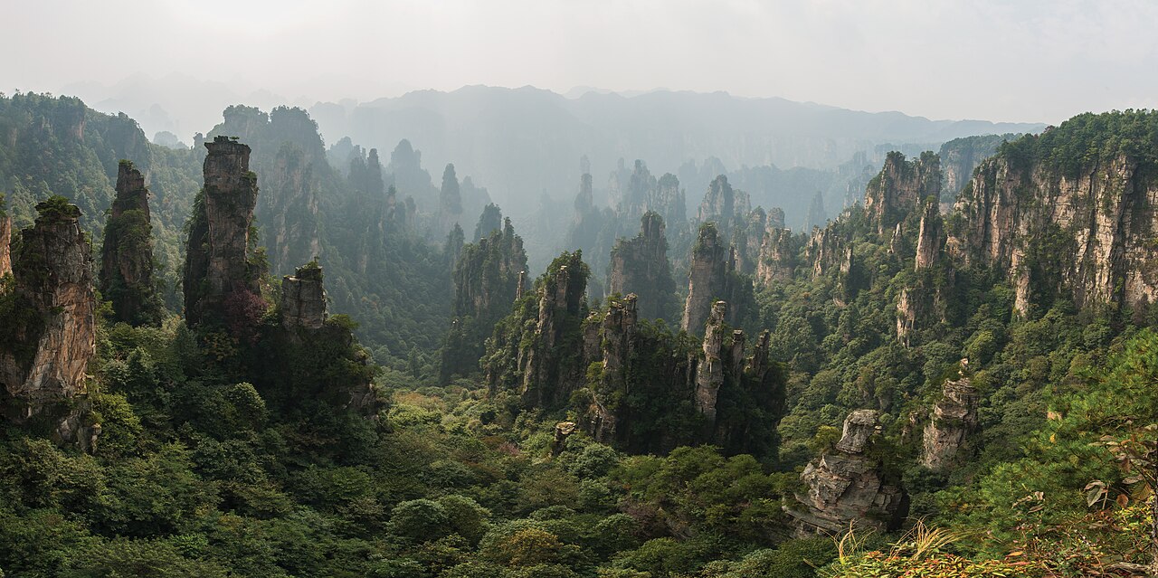 Avatar Hallelujah sandstone karst pillars towering into mist in Zhangjiajie, China